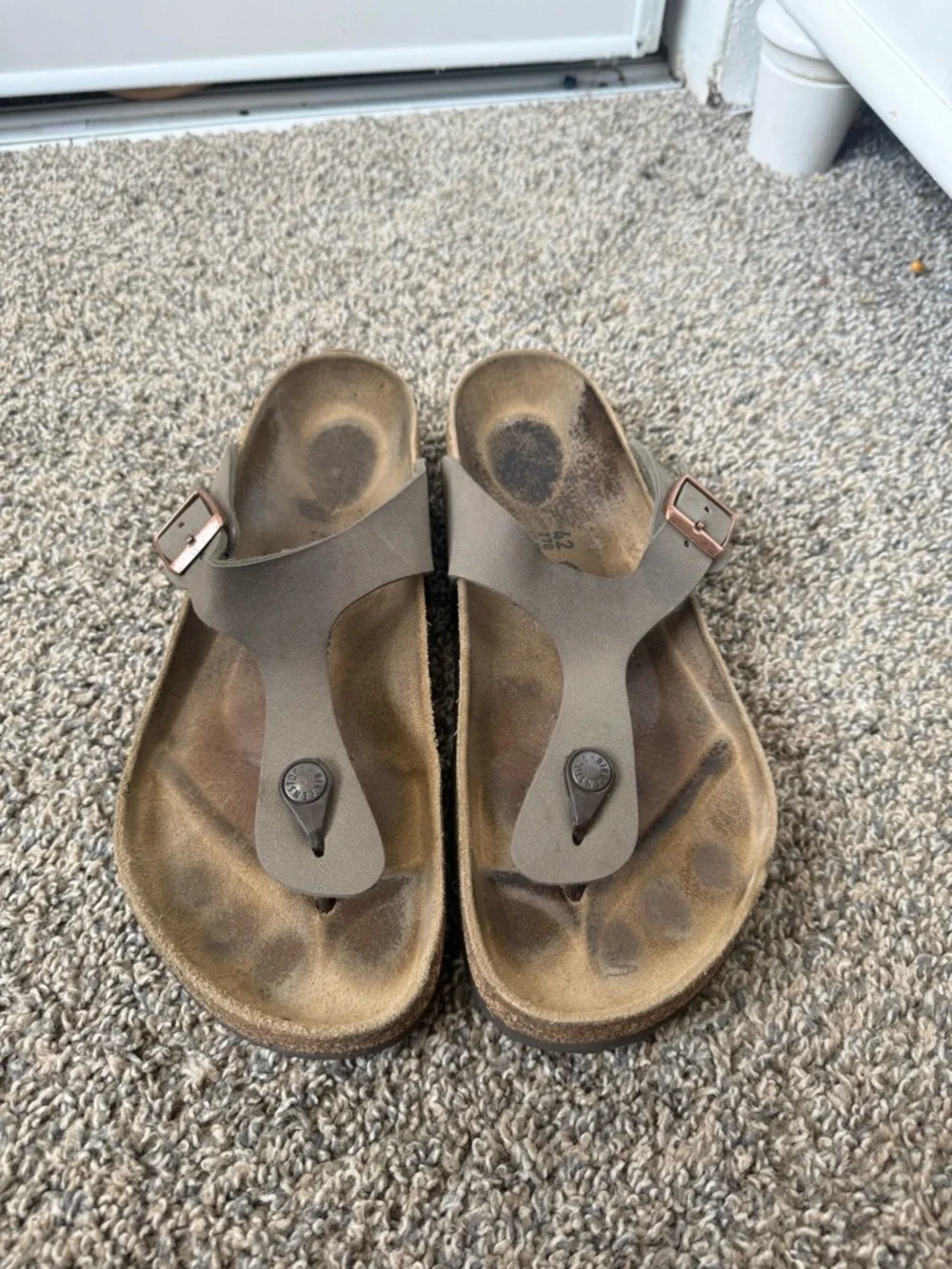 Birkenstock Taupe Thong Sandals with Rose Gold Buckles - Picture 1 of 5